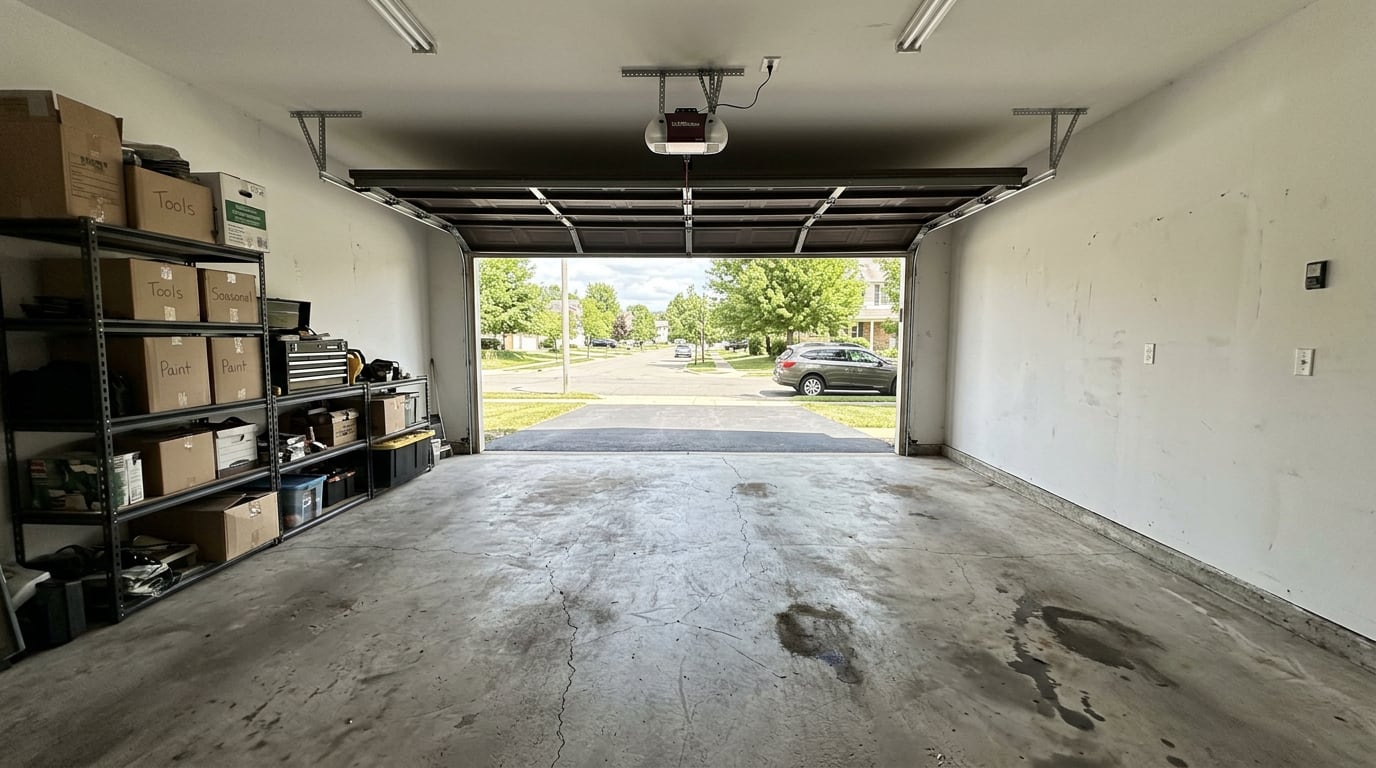 A two-car garage with a bare, stained concrete floor